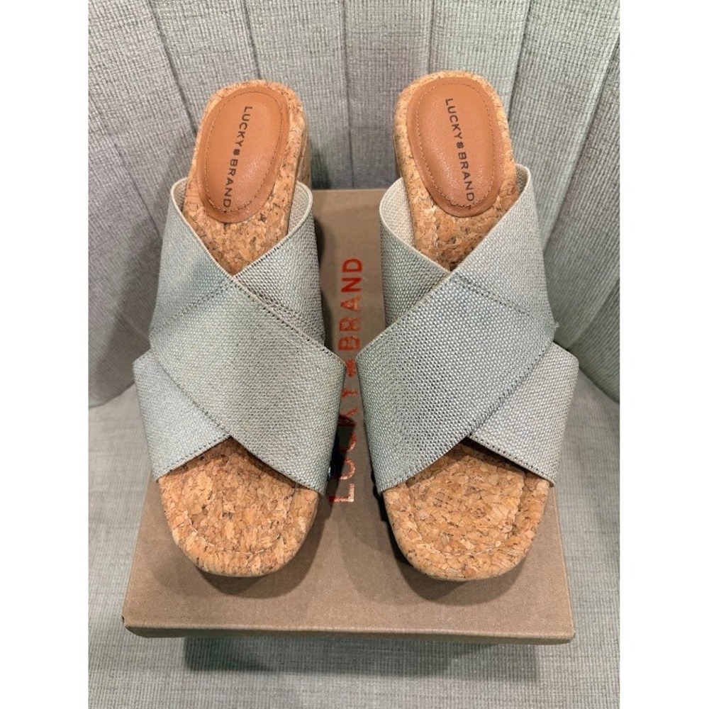 Lucky Brand Vesanna Wedge Sandals Womens 8 Silver Natural Cork Platform New